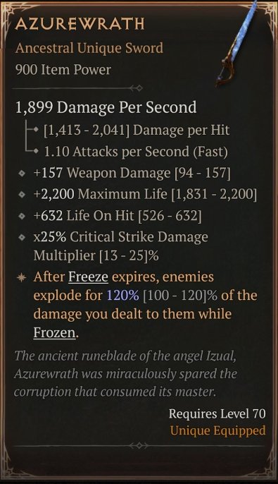 Diablo 4 Azurewrath - Unique Sword card