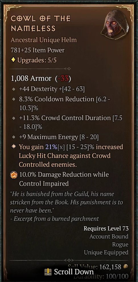 Diablo 4 Cowl of the Nameless: Unique Helm card