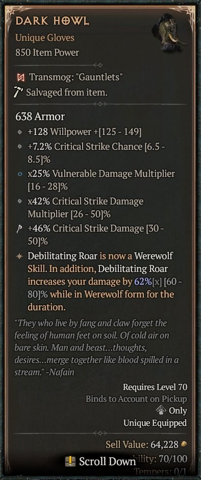 Diablo 4 Dark Howl: Unique Gloves card