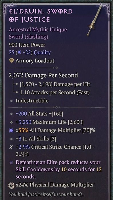Diablo 4 El'Druin, Sword of Justice card