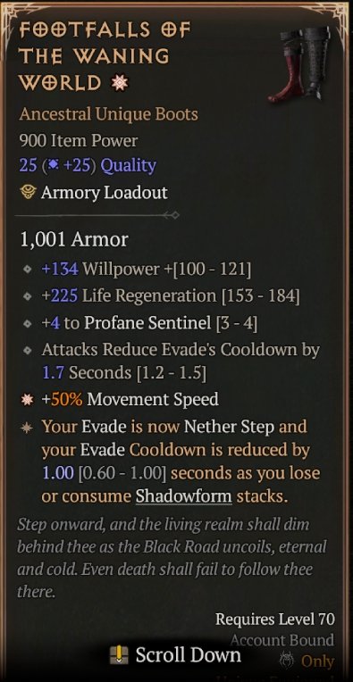Diablo 4 Footfalls of the Waning World: Unique Boots card