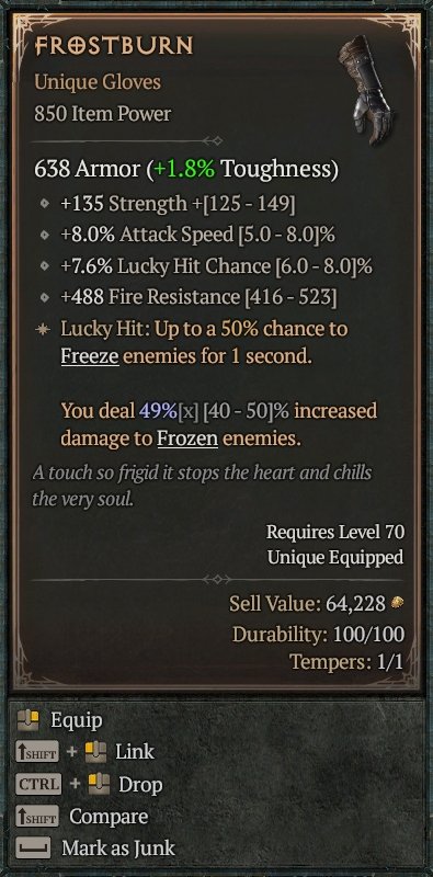 Diablo 4 Frostburn: Unique Gloves card