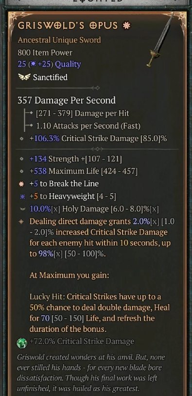 Diablo 4 Griswold's Opus - Unique Sword card