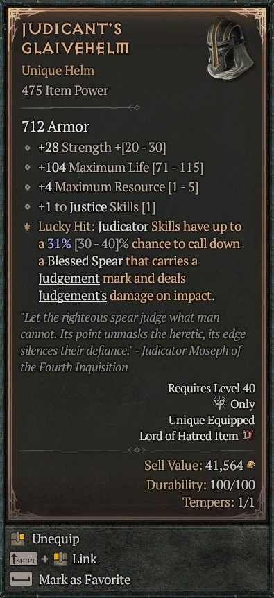 Diablo 4 Judicant’s Glaivehelm: Unique Helm card