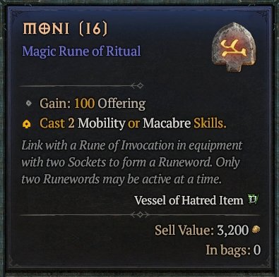 Diablo 4 Moni Rune - Ritual Rune card