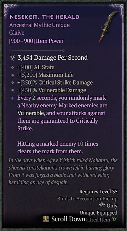 Diablo 4 Nesēkēm, the Herald Mythic Glaive card
