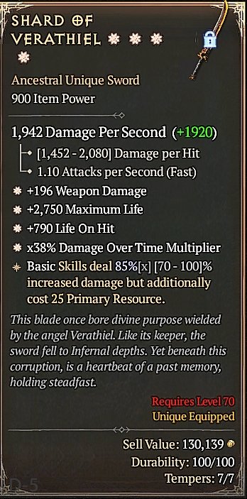 Diablo 4 Shard of Verathiel - Unique Sword card