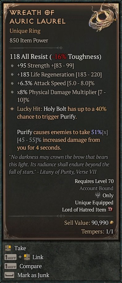 Diablo 4 Wreath of Auric Laurel card
