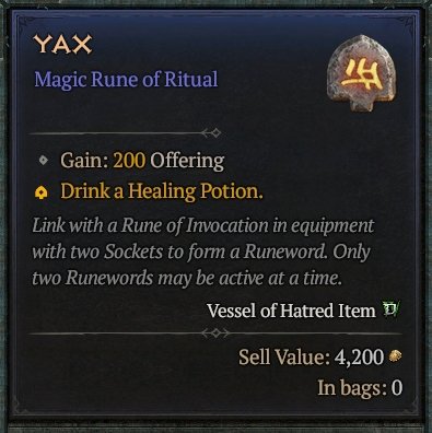Diablo 4 Yax Rune - Ritual Rune card