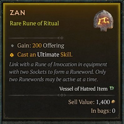 Diablo 4 Zan Rune - Ritual Rune card